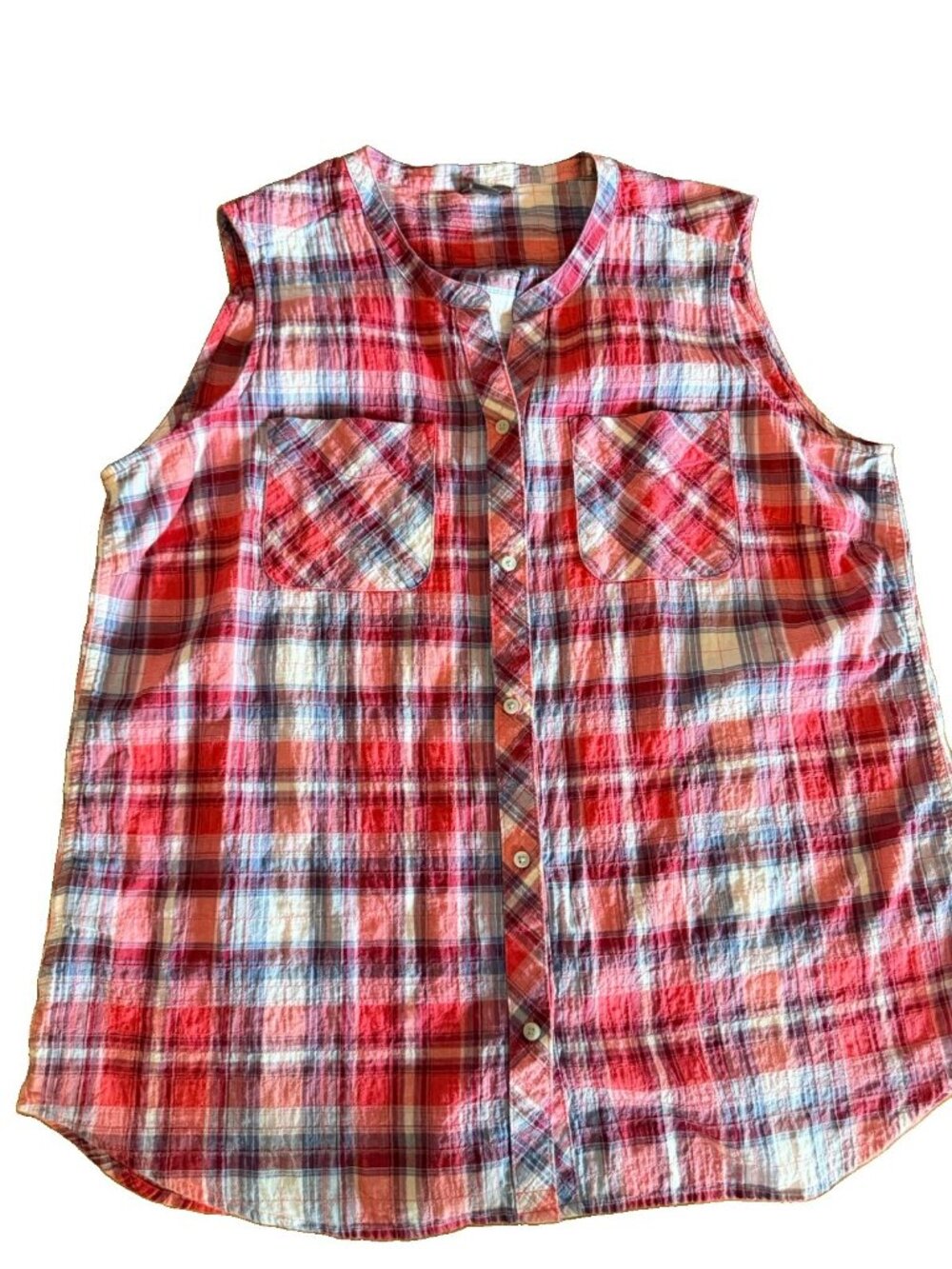 Eddie Bauer Sleeveless Top Women XL Multicolor Plaid  Cotton Stretch Button Up